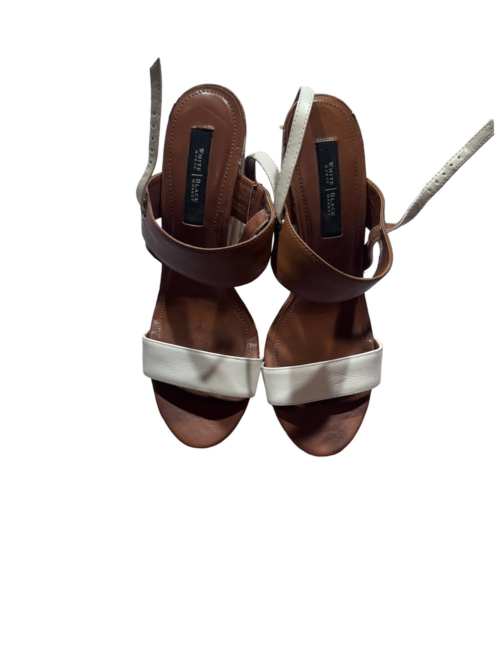 White & Brown Two-Tone Leather Ankle-Strap Heels